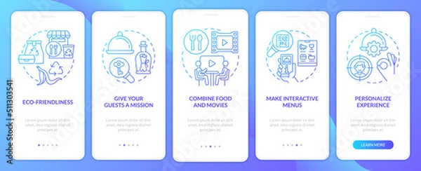 Fototapeta Ways of making restaurant trendy blue gradient onboarding mobile app screen. Walkthrough 5 steps graphic instructions with linear concepts. UI, UX, GUI template. Myriad Pro-Bold, Regular fonts used