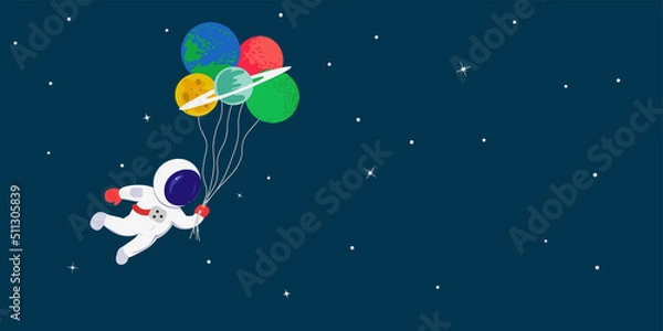 Fototapeta Astronaut floating with planets like balloons in cute flat cartoon style. Colorful vector illustration for baby boy, kids birthday party invitation card design, copy space for your text.