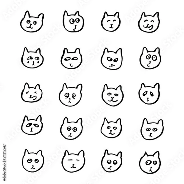 Fototapeta cats head emotions black pen hand drawn free hand contour scribble line grunge vector simple funny childish doodle rough sketch clipart icon set 