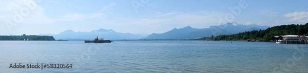Fototapeta Prien am Chiemsee, Bavaria, Germany, panoramic view over Chiemsee with Chiemgau Alps in background  