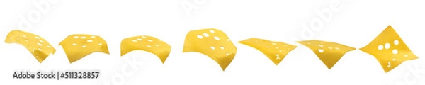 Fototapeta Set of pieces of cheese flying in the air on a white background. Levitating Cheese
