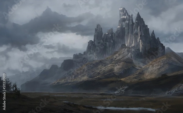 Fototapeta Fantastic Epic Magical Landscape of Mountains. Summer nature. Mystic Valley, tundra. Gaming assets. Celtic Medieval RPG background. Rocks and canyon. Beautiful sky with clouds. ruins of an old castle