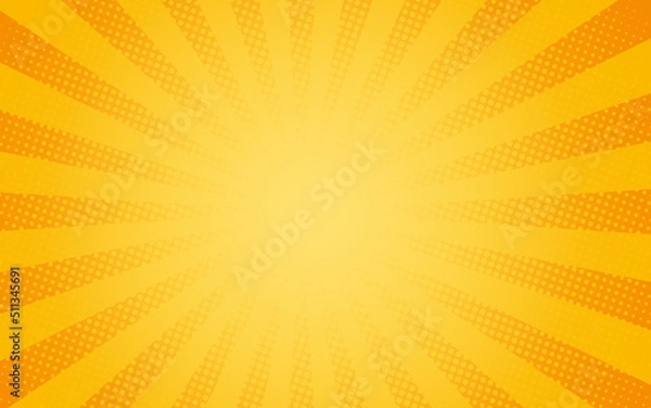 Fototapeta Sun rays Retro vintage style on yellow and orange background, Comic pattern with starburst and halftone. Cartoon retro sunburst effect with dots. Rays. Summer Banner Vector illustration