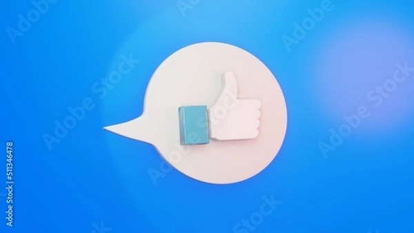 Fototapeta LIKE Thumps-Up- Zeichen auf einer weissen Sprechblase mit blauem Hintergrund für Likes, 3D-Rendering