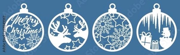 Fototapeta Christmas tree decorations set. Silhouette of Christmas round toys. Balls with snowflakes, deer, stars, icicles and a snowman. Template for laser cutting. Isolated vector illustration.