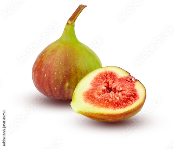 Obraz Fig green. Cut in half and whole fig. Green-red fruit isolated on a white background.