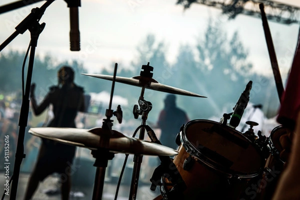 Fototapeta Details of a drum kit at a rock concert, Close-up of crash and hi-hat.