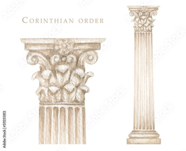 Obraz Watercolor antique corinthian column, Ancient Classic Greek Corinthian order, Roman Columns Clipart, Pillar Architecture facade elements Realistic drawing illustration isolated on white background