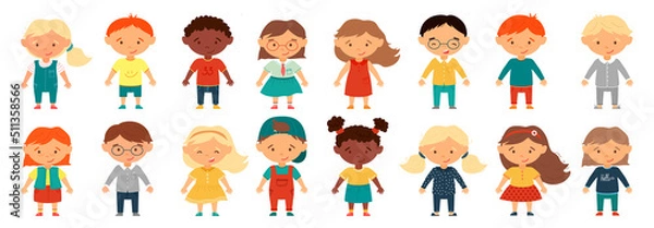 Fototapeta Set of baby avatars in flat style. Set of smiling girls and boys with different hairstyles, skin color and ethnicity, Europeans, Asians. Isolated colorful cartoon vector illustration of children.