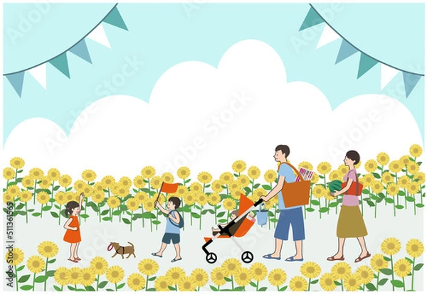 Fototapeta 花火やすいかを持って犬と一緒にお出かけする楽しそうな家族とひまわり畑のセット