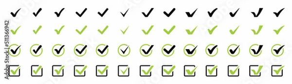 Obraz Green check mark and red cross icon set. Circle and square. Checkmark Illustration. Vector symbols set ,green checkmark. Vector illustration.
