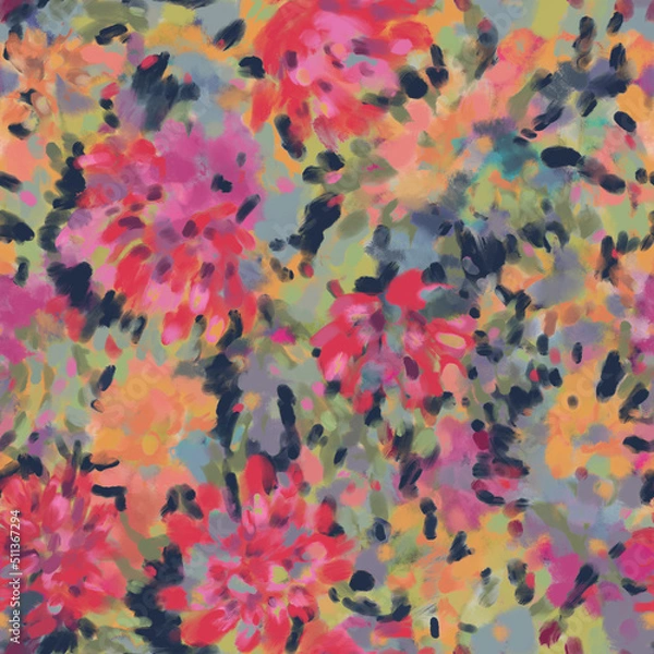Fototapeta Seamless bright floral patterns made in the style of impressionism. multicolor free strokes hand-drawn expressive. Juicy bright fashionable summer trend. Gorgeous bright flowers painted by hand