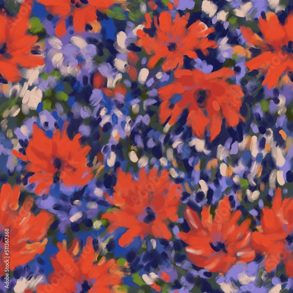 Fototapeta Seamless bright floral patterns made in the style of impressionism. multicolor free strokes hand-drawn expressive. Juicy bright fashionable summer trend. Gorgeous bright flowers painted by hand