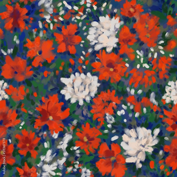 Fototapeta Seamless bright floral patterns made in the style of impressionism. multicolor free strokes hand-drawn expressive. Juicy bright fashionable summer trend. Gorgeous bright flowers painted by hand