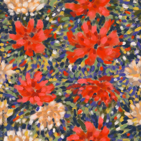Fototapeta Seamless bright floral patterns made in the style of impressionism. multicolor free strokes hand-drawn expressive. Juicy bright fashionable summer trend. Gorgeous bright flowers painted by hand