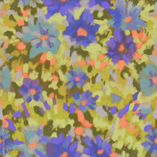 Fototapeta Seamless bright floral patterns made in the style of impressionism. multicolor free strokes hand-drawn expressive. Juicy bright fashionable summer trend. Gorgeous bright flowers painted by hand