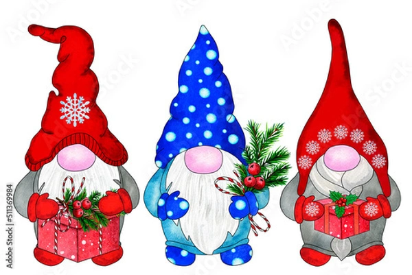 Obraz Three Christmas gnomes with gifts