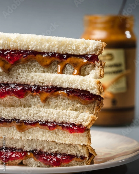 Obraz stack of peanut butter and strawberry jelly sandwich and jar of peanut butter out of focus in background
