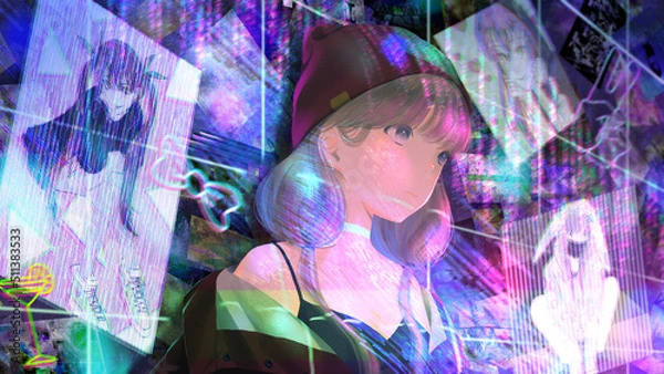 Fototapeta ネオン,女の子,クラブ,グリッチ,イラスト