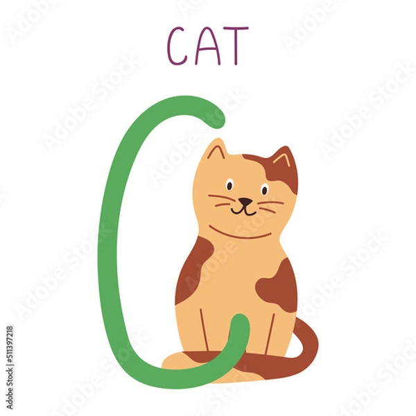 Obraz Capital letter C of English childish alphabet with cat. Cute kids font for kindergarten and school education.