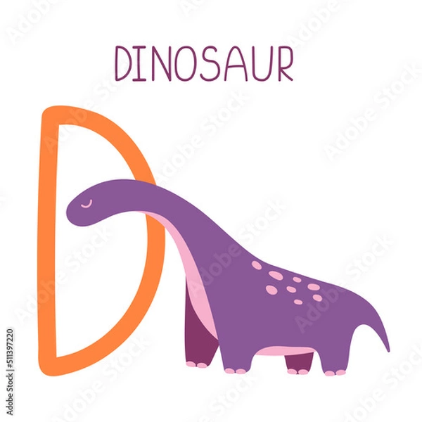 Obraz Capital letter D of childish English alphabet with cute dinosaur. Kids font with funny animal for kindergarten and preschool education.