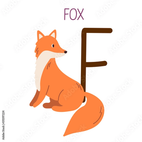 Obraz Capital letter F of English childish alphabet with fox. Cute kids font for kindergarten and school education.