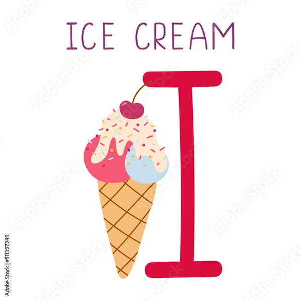 Obraz Capital letter I of English childish alphabet with ice cream. Cute kids font for kindergarten and school education.