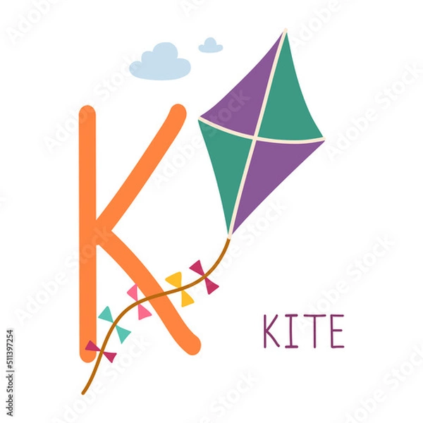 Obraz Capital letter K of English childish alphabet with kite. Cute kids font for kindergarten and school education.