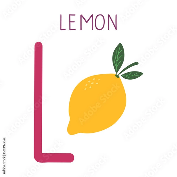 Obraz Capital letter L of English childish alphabet with lemon. Cute kids font for kindergarten and school education.