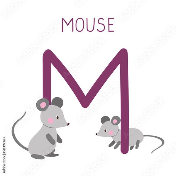 Fototapeta Capital letter M of English childish alphabet with mouses. Cute kids font for kindergarten and school education.