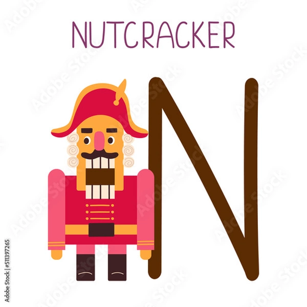 Obraz Capital letter N of English childish alphabet with nutcracker. Cute kids font for kindergarten and school education.