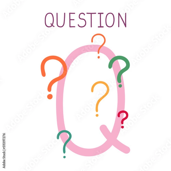 Obraz Capital letter Q of childish English alphabet with question marks. Kids font for kindergarten and preschool education of children.