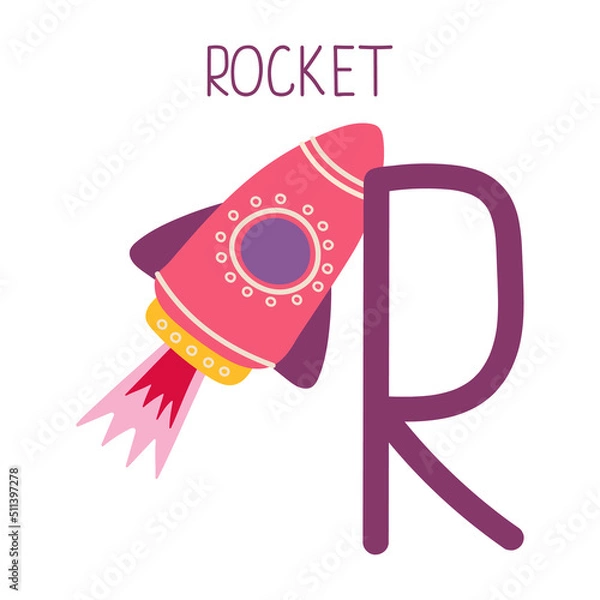 Fototapeta Capital letter R of English childish alphabet with rocket. Cute kids font for kindergarten and school education.