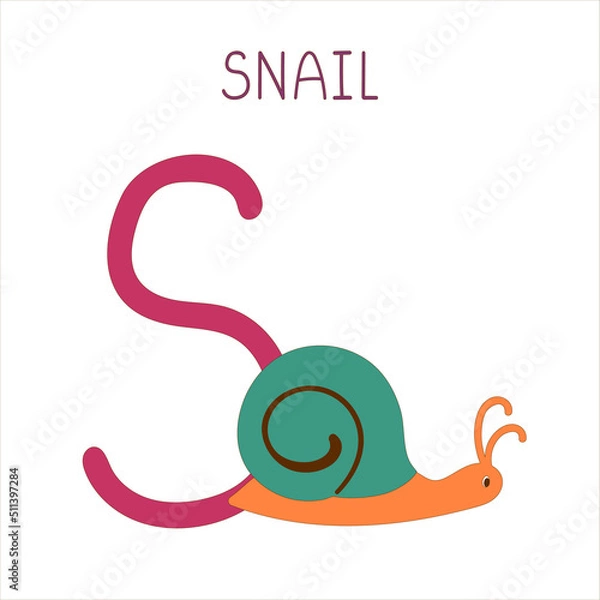 Fototapeta Capital letter S of English childish alphabet with snail. Cute kids font for kindergarten and school education.