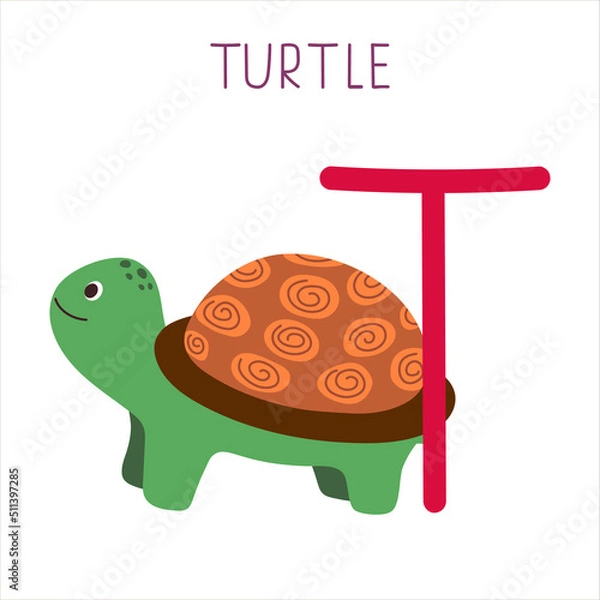 Obraz Capital letter T of English childish alphabet with turtle. Cute kids font for kindergarten and school education.