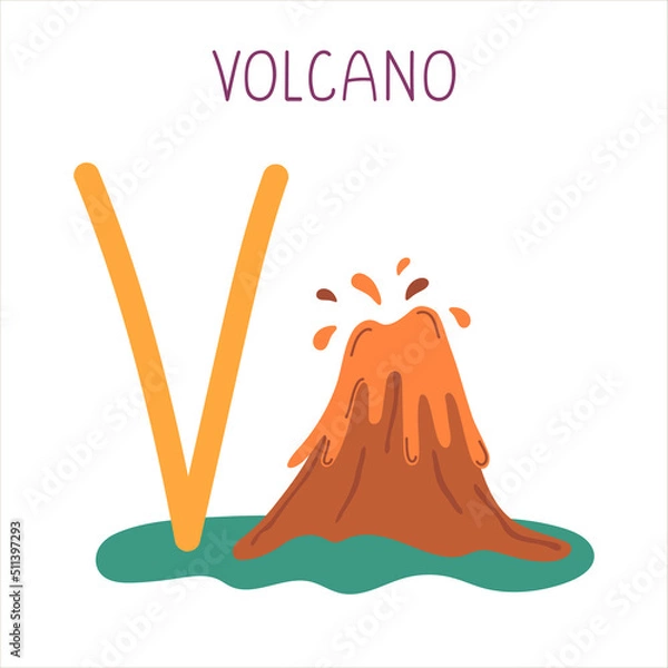 Fototapeta Capital letter V of English childish alphabet with volcano. Cute kids font for kindergarten and school education.