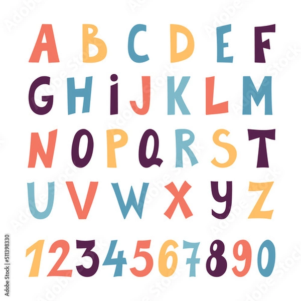 Obraz Cute Color alphabet and numbers. Hand drawing font for children.