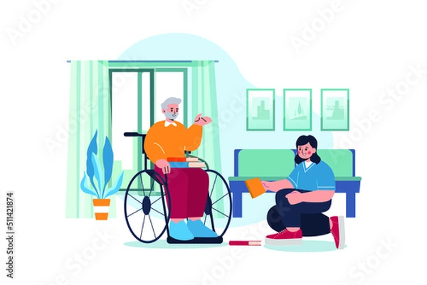 Fototapeta Nurse Helping handicapped man Illustration concept. Flat illustration isolated on white background.