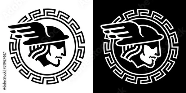 Obraz Hermes - mythic God of commerce and good luck, the protector of travelers and merchants. Stylized vector illustration with traditional Greek ornamental border. Isolated on white and black backgrounds.