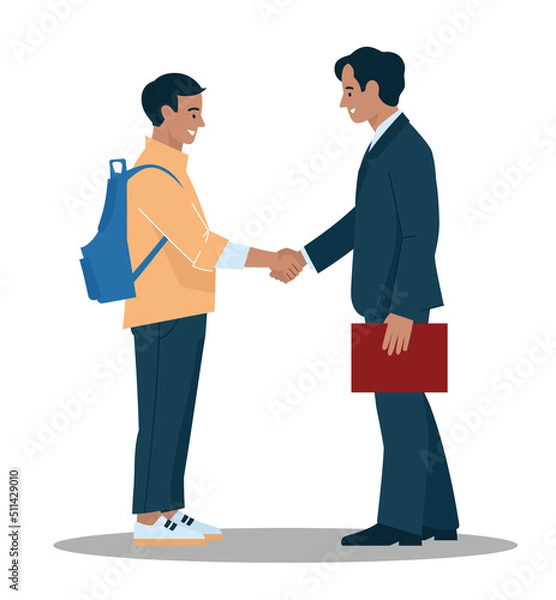 Obraz Business people. Recruitment agency. Recruitment. The guy and the man greet each other with a handshake. Office staff, worker, student, schoolboy. Vector image.