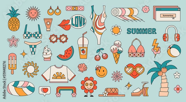 Fototapeta Retro set of hippie stickers with 60s, 70s style elements. Collection of cute nostalgic vintage icons in groovy style. Daisy flowers with smile face, ice cream, sunglasses vector illustration. 