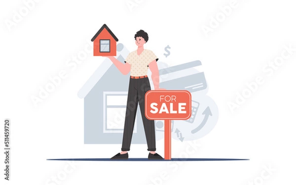 Fototapeta A man with a for sale sign holds a small house in his hands. The concept of selling a house. trendy style. Vector illustration.