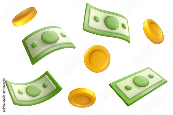 Obraz Set cartoon 3d plastic banknote and coin isolated on white background. Realistic cute symbol or icon. Collection sweet glossy money element. Vector illustration for game, banking, finance business.