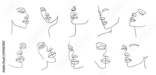 Fototapeta Set of portraits. Continuous line, minimalist vector illustration of beautiful woman face. For t-shirt, slogan design print graphics style.