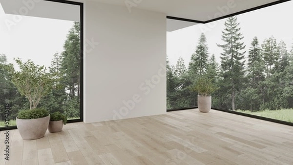 Fototapeta Forest view empty white scandinavian minimalist room interior design 3d render with large windows plants and wooden floor