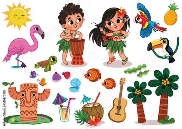Obraz Hawaiian Clipart Set. Hawaii hula dancers, tropical animals and beach related items for summer.