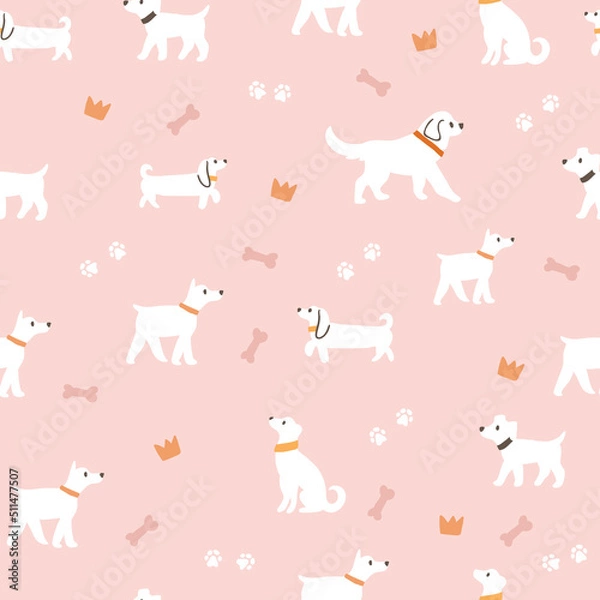Fototapeta Seamless pattern with funny cartoon dogs on pink. Creative texture in Scandinavian style. Great for fabric, textile Vector Illustration