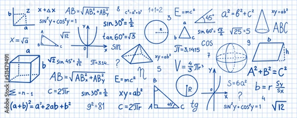 Fototapeta Ręcznie rysowane symbole matematyczne. Symbole matematyczne na tle strony notesu. Naszkicuj symbole matematyczne
