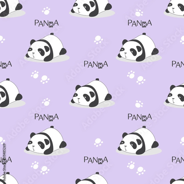 Obraz Vector. Hand-drawn pattern with pandas. Hand lettering panda. Panda's feet. Seamless wallpaper. Children's design. Kawaii animals.