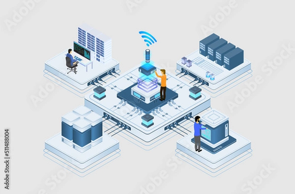 Obraz Data center or server room processing data operation with security protection and maintenance with isometric design style - vector